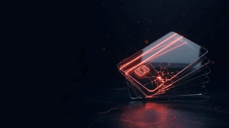 Dark glass fanned glass payment cards with a red stripe with red neon lines, cover art for: Carding forums and sites explained: how card data is sold
