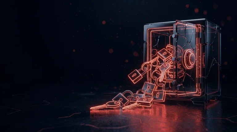 Dark glass a chain of glass keys and padlocks spilling from a cracked glass vault with red neon lines, cover art for: Combolists, stealer logs and credential dumps explained