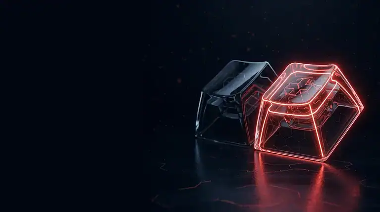 Neon-lit transparent keyboard keys with glowing red and black colors.