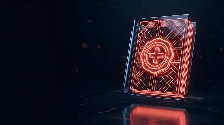 Futuristic digital health record with medical cross icon in neon red light.