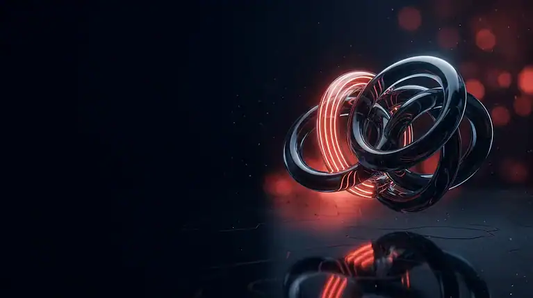 Abstract digital rings with glowing red and blue lights for cybersecurity visualization.