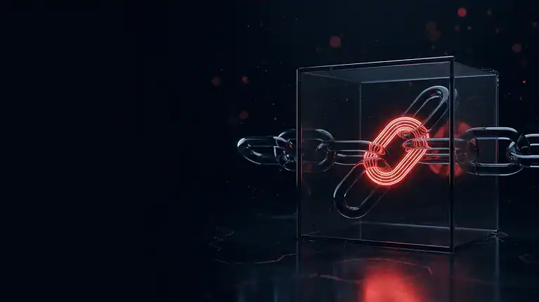 Neon chain link with padlock inside a glass cube symbolizing cybersecurity and data protection.