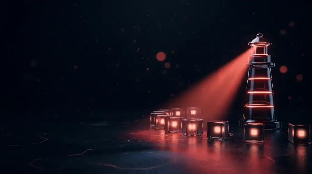Security beacon spotlight highlighting a lighthouse with orange glow for threat intelligence.