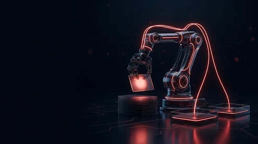 Robotic arm with glowing red accents performing precision pick-and-place.