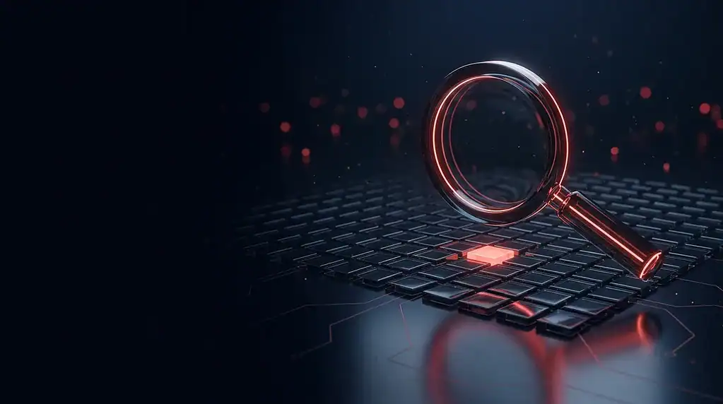 Magnifying glass over a keyboard for security analysis.