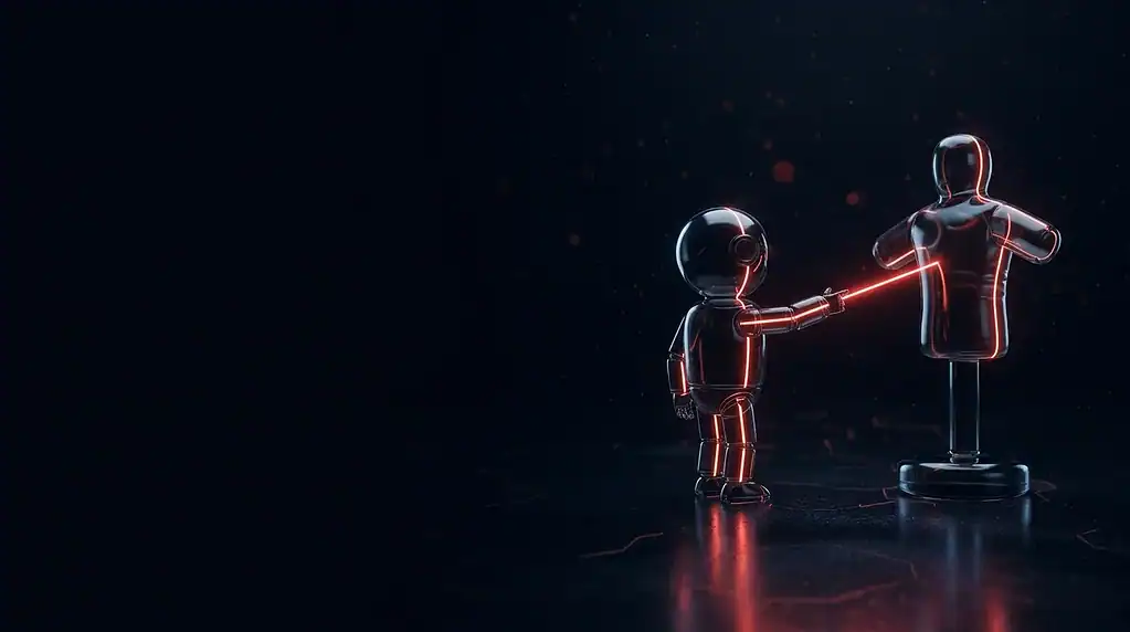 Brandefense promo image showing two robotic figures shaking hands in a dark, neon-lit scene.