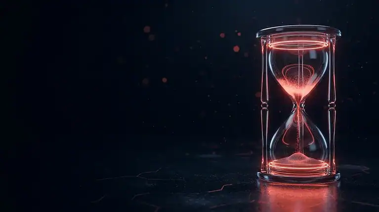Futuristic hourglass with glowing pink sand on dark background.