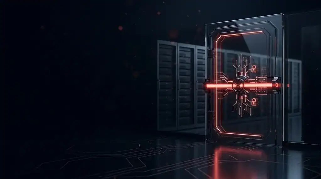 Dark glass vault door with a red seal across it, cover art for: Virtualine Bulletproof Hosting Seized