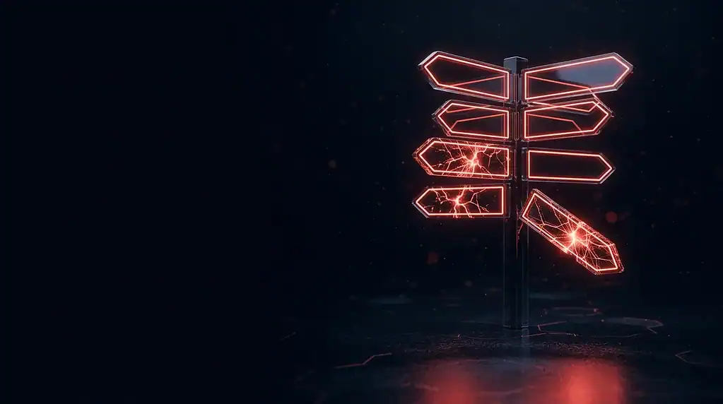 Futuristic illuminated signpost with multiple directional arrows at night.