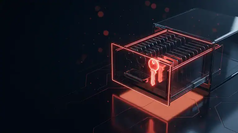 Dark glass vault drawer of keys left ajar with red neon lines, cover art for: Railway Security Incident: Rotate Your Secrets Now