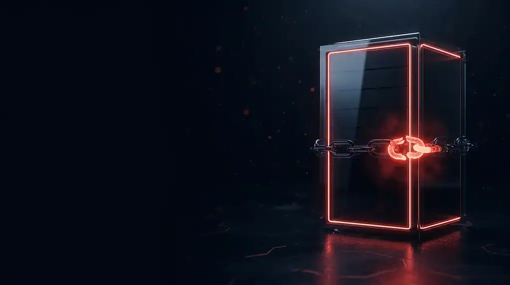 Futuristic digital lock with glowing red outline and chain in a dark setting.