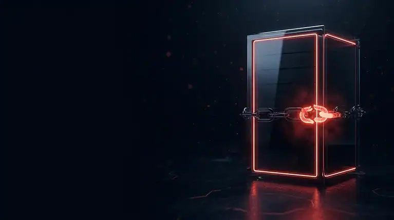 Futuristic digital lock with glowing red outline and chain in a dark setting.
