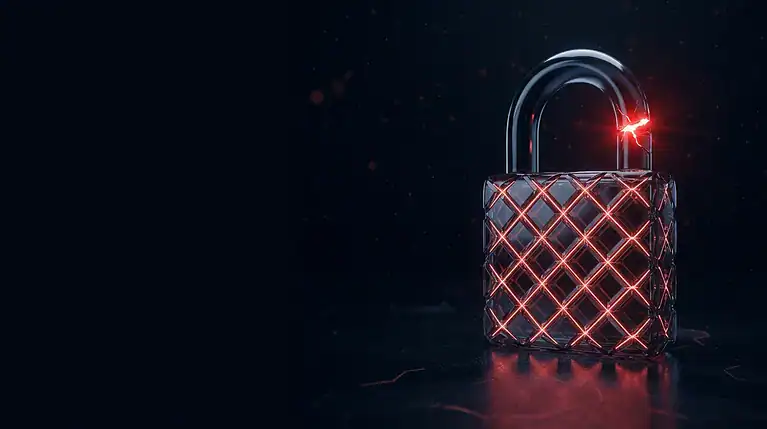 Dark smoked-glass padlock with a red crystal lattice and a cracked shackle