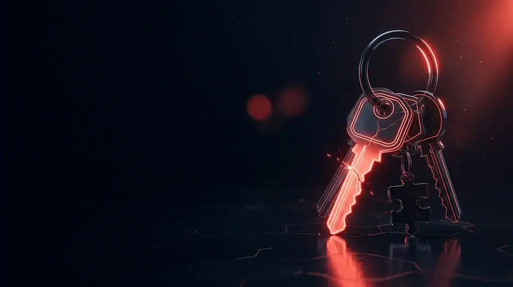 Dark glass key ring with one red cracked key and a small plug-in puzzle piece with red neon lines, cover art for: UpdraftCentral Keys Stolen: How the WordPress Backdoor Campaign Works