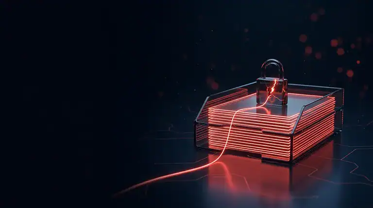 Dark glass document tray with a cracked red padlock and a thin red line leaving the crack