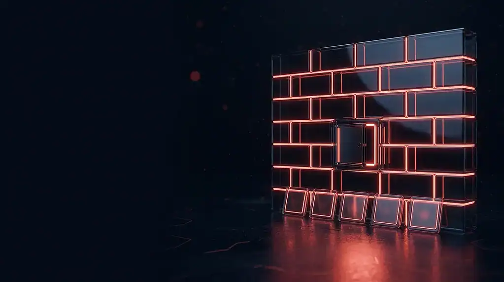 Glowing red brick wall with a small door and five tiles at its base, on a dark background