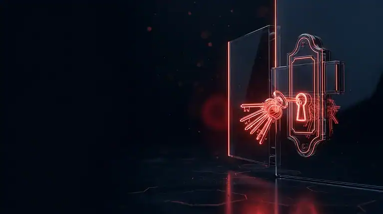 Cybersecurity safe locking door with glowing red digital keys.