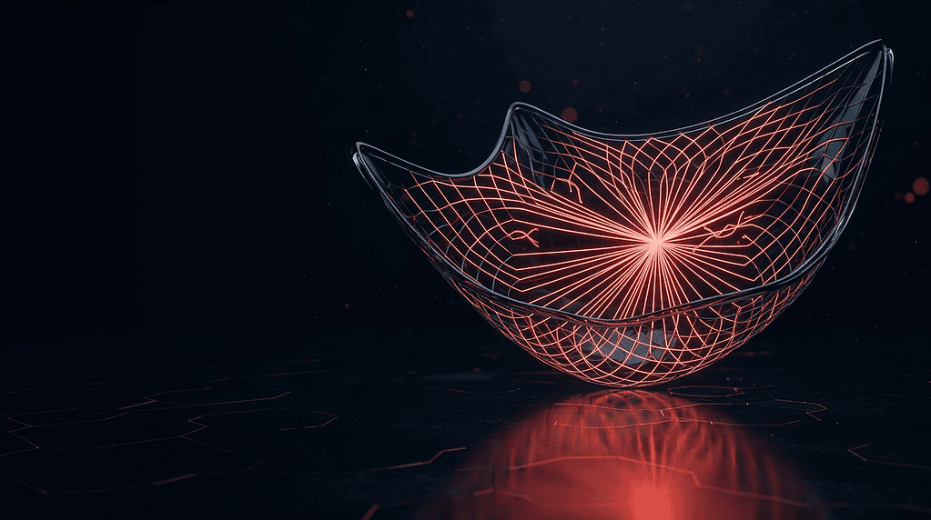 Futuristic red and orange abstract glass sculpture with glowing lines on dark background.