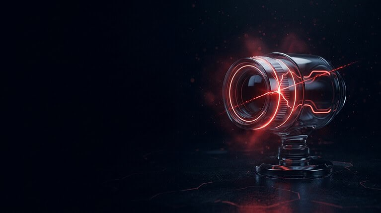 Dark glass observation lens with a hairline crack and red neon lines, cover art for: FortiSIEM 7.5.0 flaw version table and checks