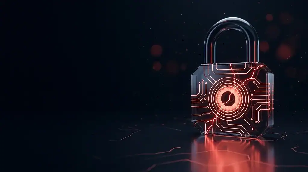Cybersecurity padlock with glowing circuit patterns, symbolizing data protection and encryption.