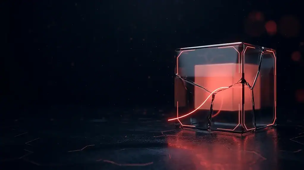 Futuristic glowing cube with red light on dark reflective surface.
