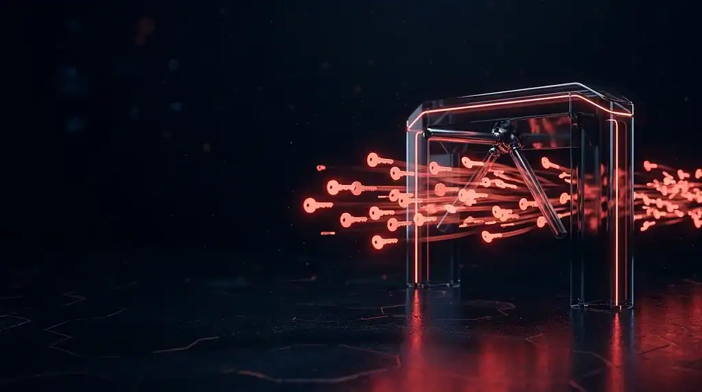 Dark glass turnstile spinning freely as a stream of red glowing keys flows through, cover art for: pgAdmin Update 9.19