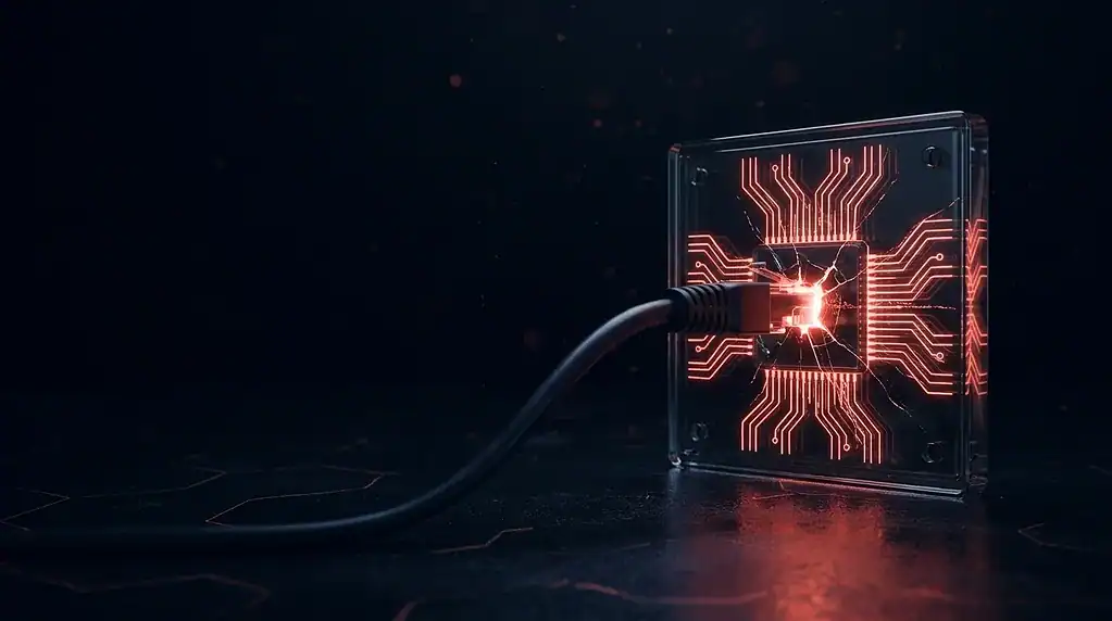 Dark glass circuit board with a hairline crack along a network cable with red neon lines, cover art for: EDK II PXE Vulnerability CVE-2026-97631: Patch Status by Vendor