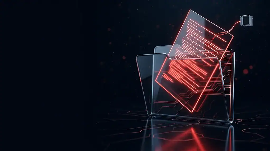 Brandefense threat alert: glowing digital documents in a secure display.