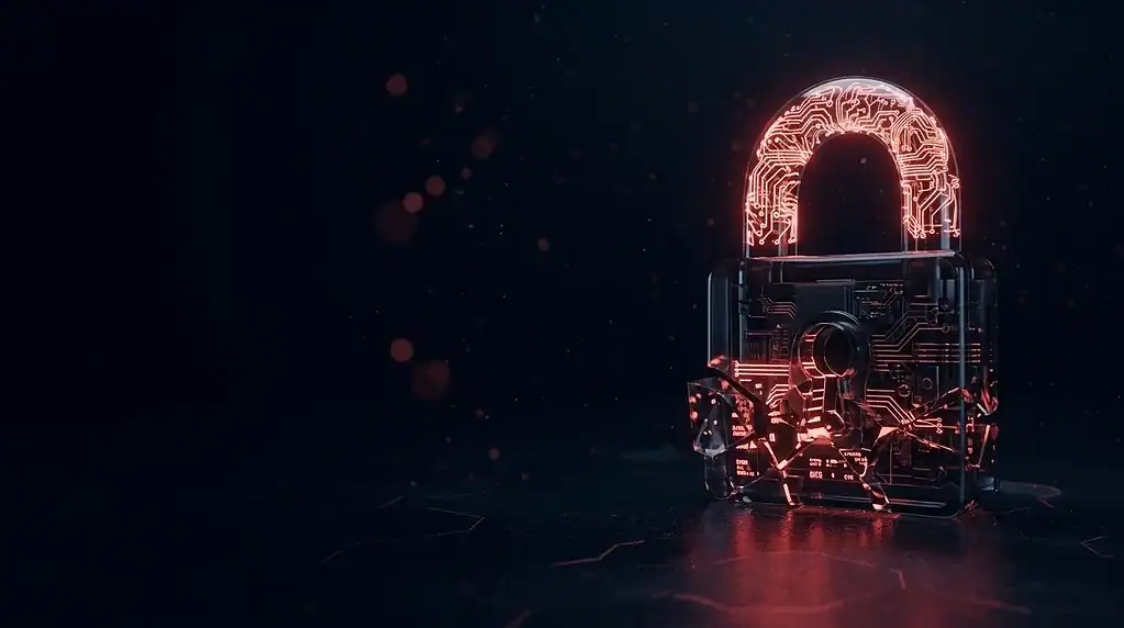 Cracked glass padlock with glowing red circuit patterns on a dark background, an image for AI ransomware