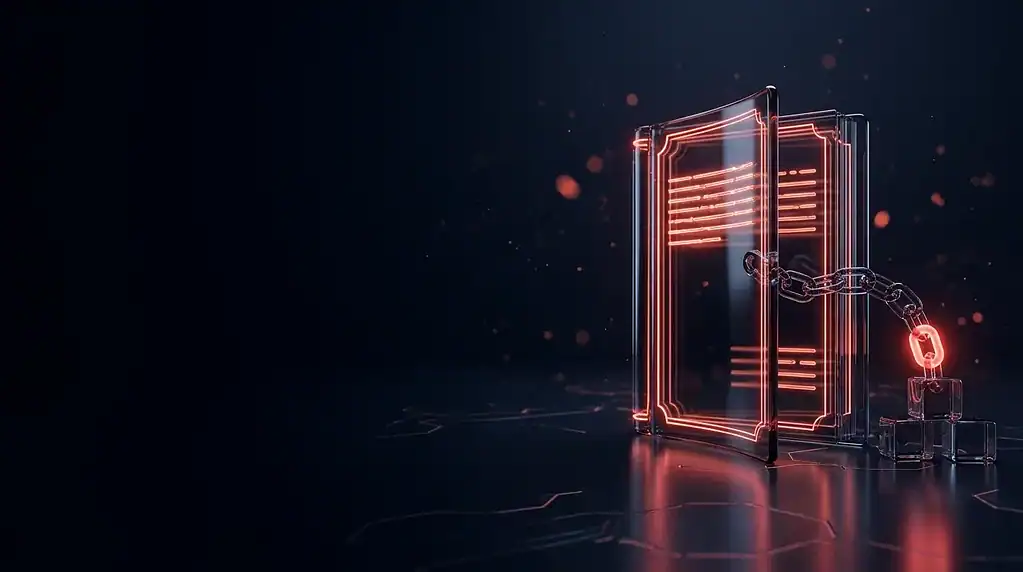 Security cage with neon red lines and padlock against dark background.