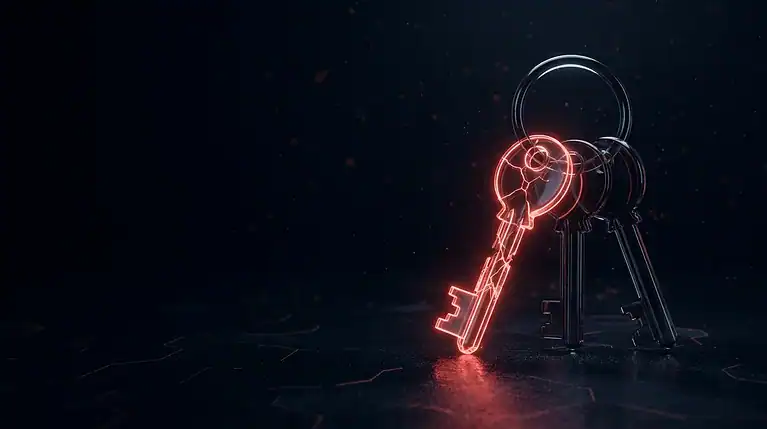 Neon red key with a lock symbol on a dark background.
