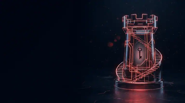 Futuristic digital chess rook with a key inside, glowing red outline on dark background.