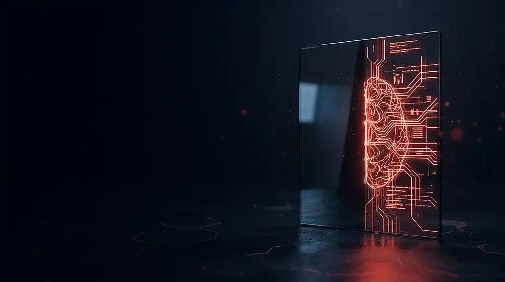 Red neon digital brain circuit in a reflective panel.