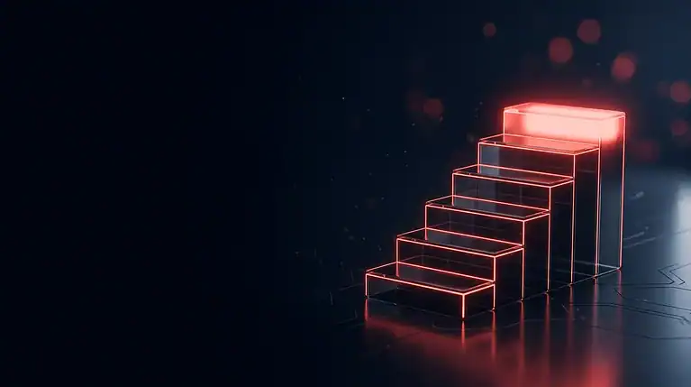 Futuristic glowing red staircase representing progress and growth.