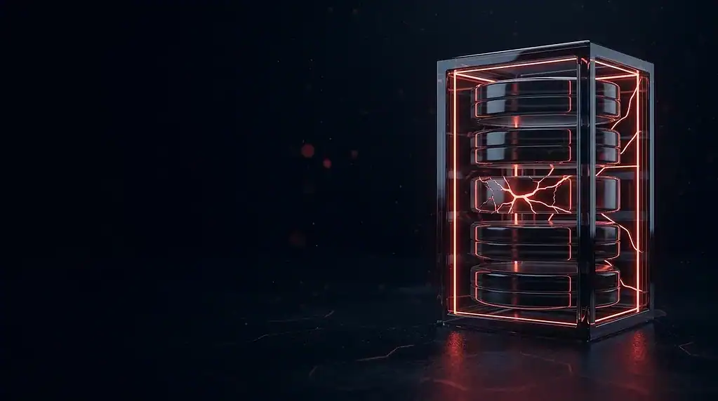 Dark glass stack of storage platters with one cracked layer and red neon lines, cover art for: Dell Data Domain seven critical flaws