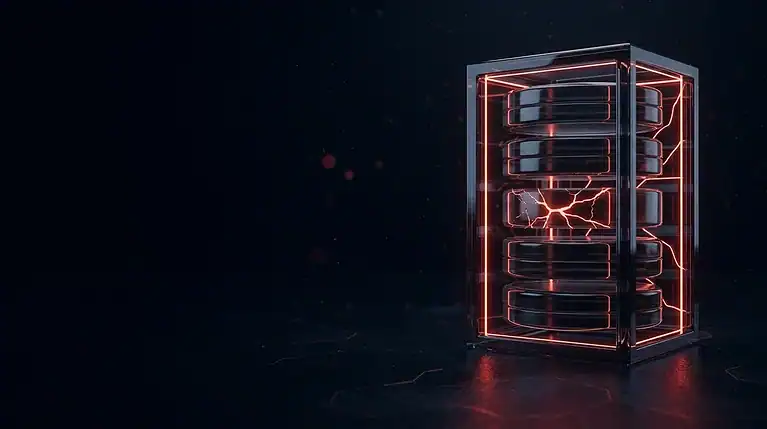 Dark glass stack of storage platters with one cracked layer and red neon lines, cover art for: Dell Data Domain seven critical flaws