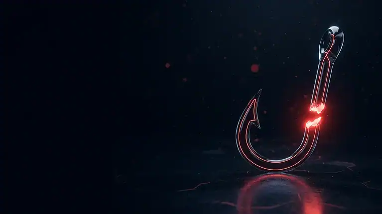 Futuristic fishing hook with glowing red accents on a dark background.