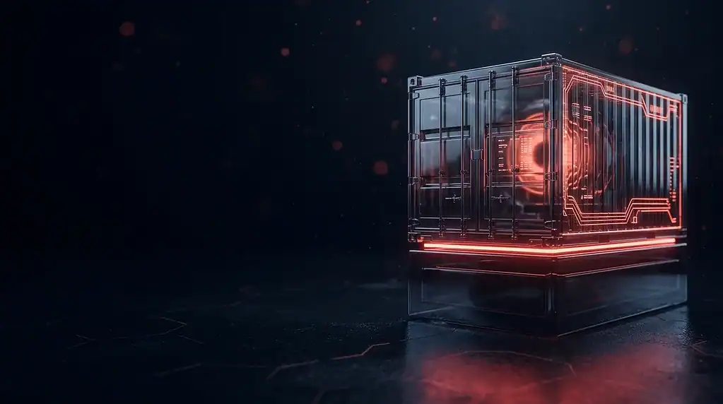 Brandefense security container with red glow and dark background.