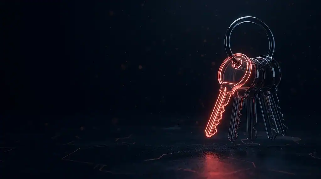 Dark glass ring of identical keys with one re-cut and red neon lines, cover art for: DreamHost incident password resets