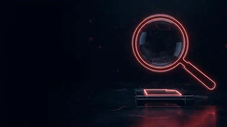 Neon magnifying glass icon glowing in dark background.