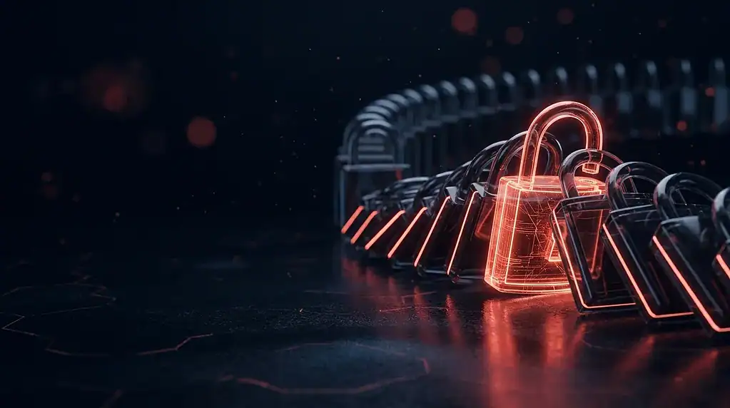 Dark glass cascading row of glass padlocks with red neon lines, cover art for: The Gentlemen Ransomware Claims 38 Victims in One Day