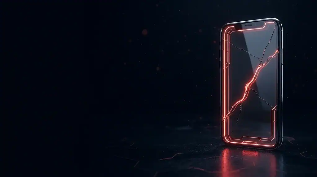 Dark glass smartphone with a red neon seam closing a crack, cover art for: iOS 18.7.11 CoreGraphics fix for older iPhones