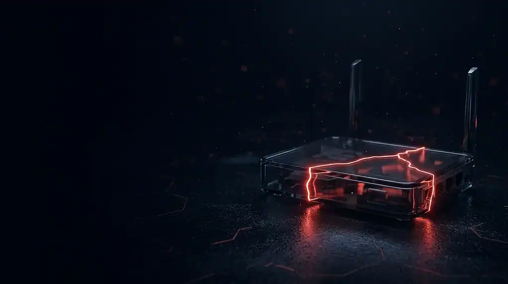 Smoked-glass network router with two red fracture lines across its top