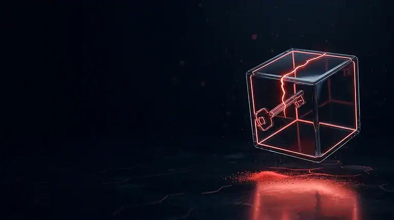 Futuristic digital cube with a lock and key symbol representing cybersecurity.