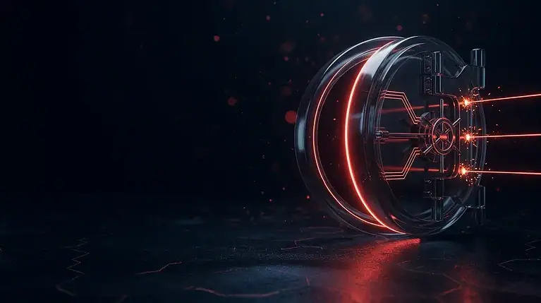 Dark glass vault door slightly ajar with a thin red line of light and three small red probe lines on its surface, cover art for: Oracle E-Business Suite vulnerability CVE-2026-101767 probed by attackers