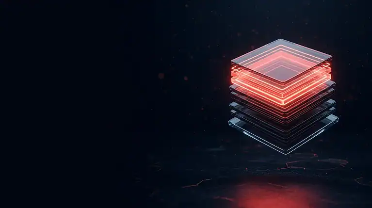 Futuristic digital layered cube representing cybersecurity and data protection.