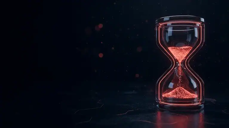 Close-up of an hourglass with red sand on a dark background.