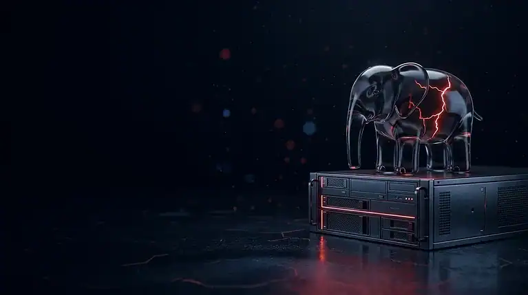 Digital illustration of an elephant with lightning on a server rack, symbolizing cybersecurity.