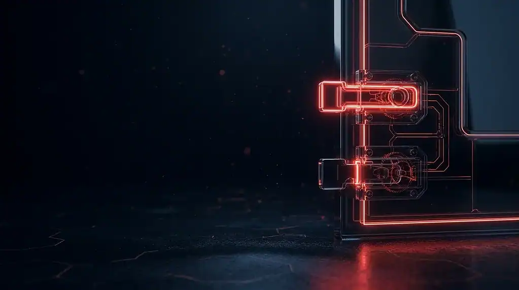 A dark glass gate with two stacked latches, the upper one locked and the lower one slid aside, lit by thin red neon lines