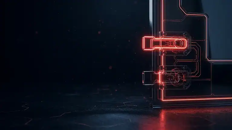 A dark glass gate with two stacked latches, the upper one locked and the lower one slid aside, lit by thin red neon lines